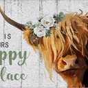 Rustic Highland Cow Western Door Mat, Highland Cow Bathroom Rug, This is Our Happy Place Front Door Mat Outdoor Indoor Entrance, Indoor Doormats for Entryway, 17x30 Inches