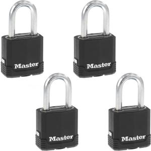 Master Lock Black Key Lock, Heavy Duty Weather Resistant Padlock with Cover, Keyed Alike Padlocks for Outdoor Use, 4 Pack, M115XQLF