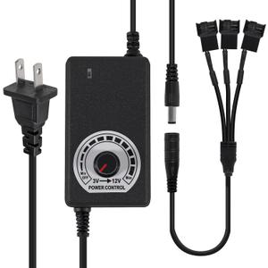 UMLUFE 12V Fan Power Supply,PC Fan Speed Controller,100-240vAC to 3-12vDC 24W Adjustable Fan Power Adapter,with Fan Splitter Cable,DC Female to 2 x 3/4 Pin
