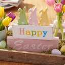 Wooden Easter Bunny Sign Decorations, 5 Piece Happy Easter Blocks for Tiered Tray, Table Centerpiece, Mantel Home Decor