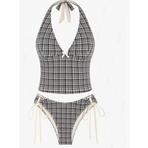 seamoly Vintage Gingham Halter Tank Top & Cinched Tie Side Tankini Set, Small