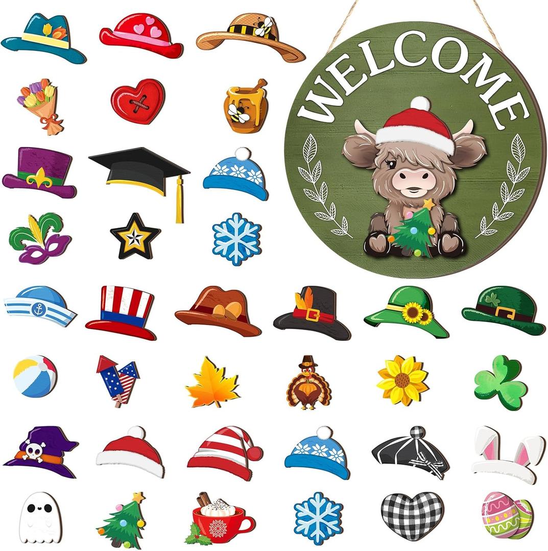 35 Pcs Christmas Interchangeable Highland Cow Welcome Sign Highland Cow Seasonal Wooden Hanging Door Decor Thanksgiving Farmhouse Hanging Sign for Front Door Xmas Party Decoration Gift(Grass Green)