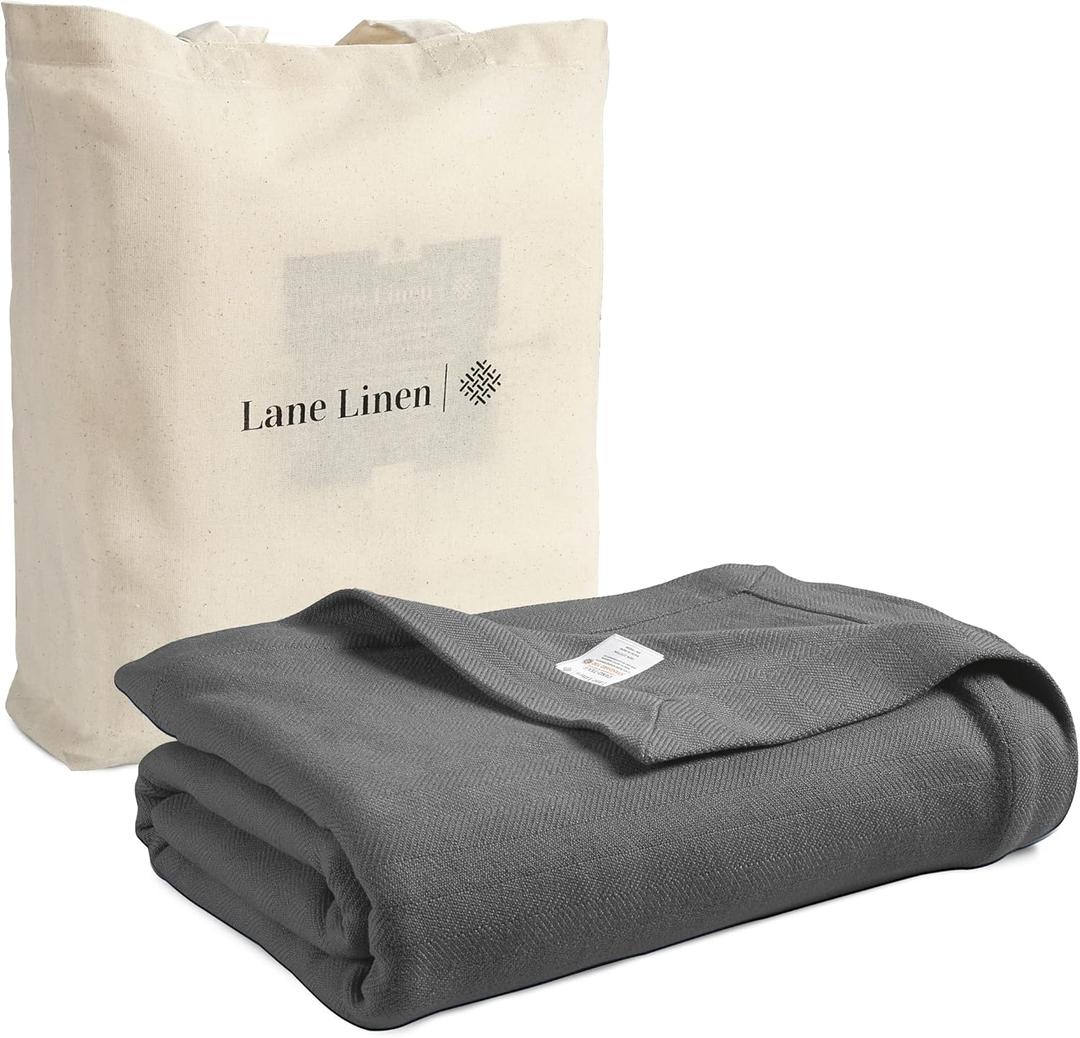 LANE LINEN Cotton Blanket Queen Size 90"x90"  Soft, Cooling Blanket for Hot Sleepers, Lightweight Summer & Warm Winter Use  Oversized Herringbone Weave  Grey (Queen / Full)