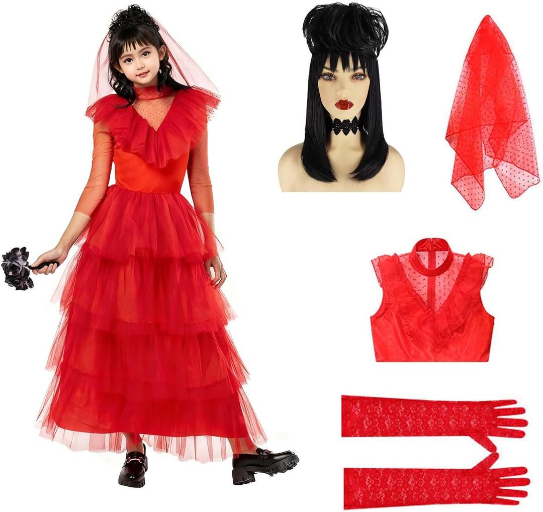 Christmas Costume Kids for Girls Red Dress with Black Wig Veil Lace Gloves Costume Set (140(8-9Y))