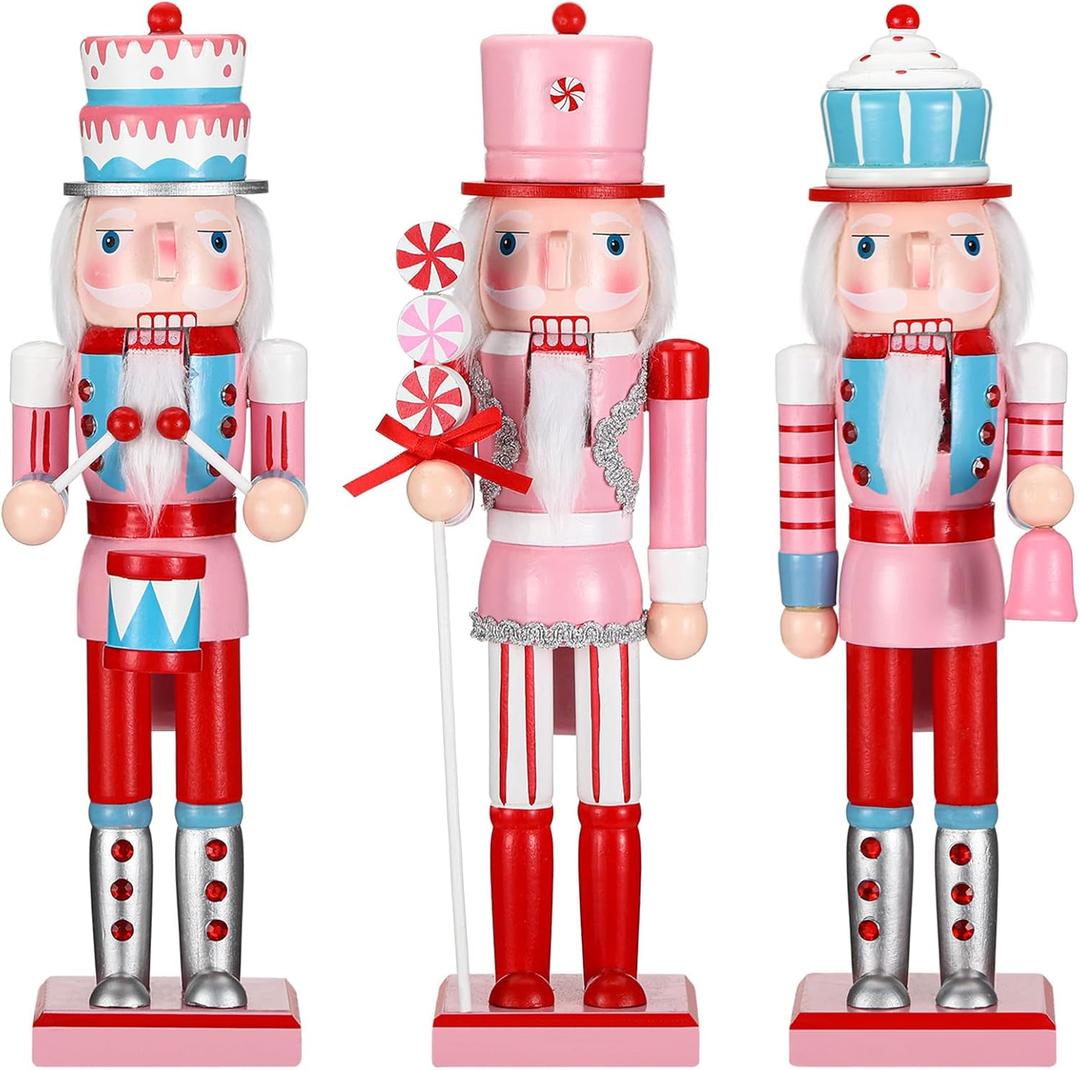 Geetery 3 Pcs Valentine Nutcracker Figures Decor 14 Inch Wood Pink Nutcracker Table Centerpiece Valentine Gift for Holiday Shelves Indoor Tabletop (Cake Style)