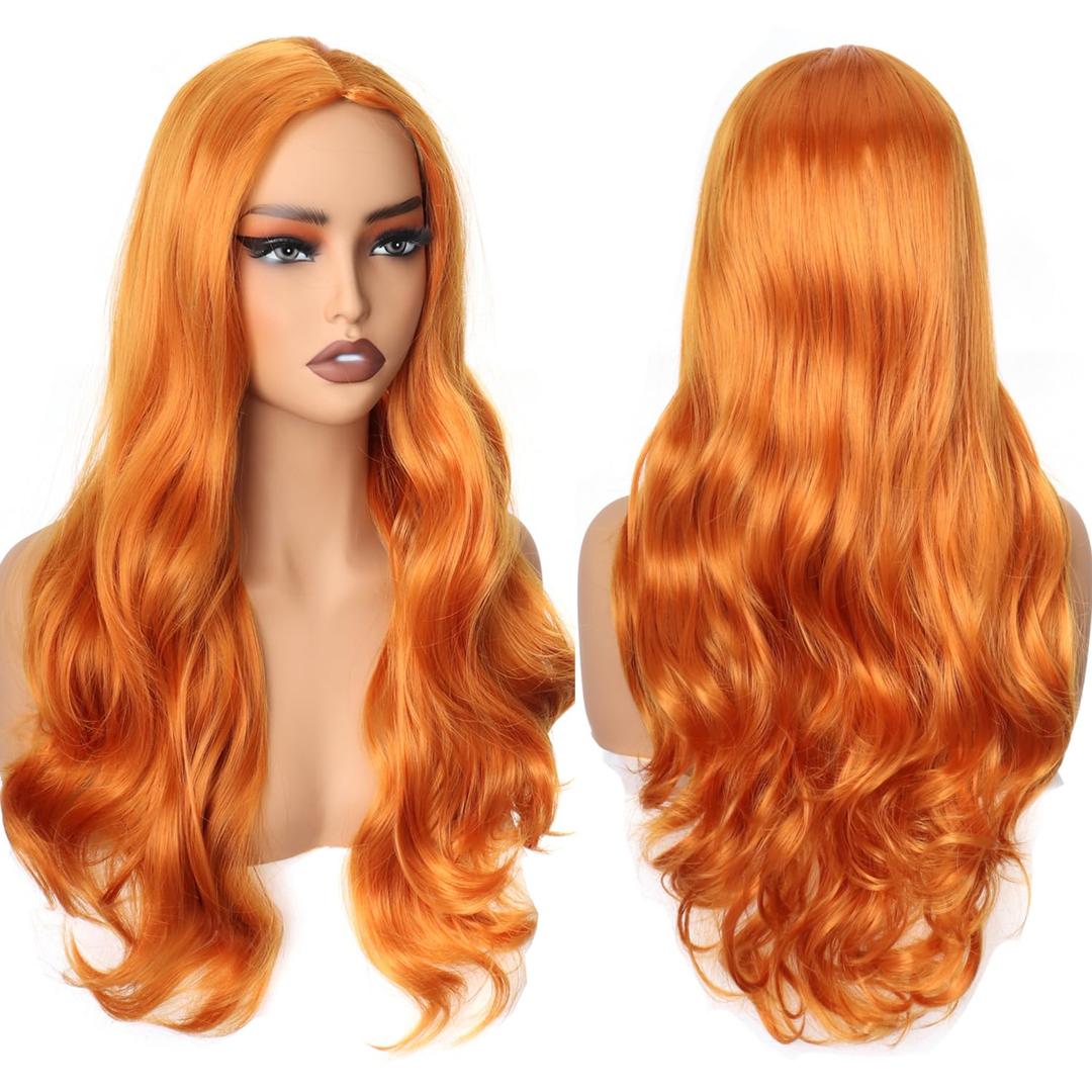 70 cm/28 inch Long Curly Wavy Wigs Middle Part for Women Ladies Cosplay Fancy Dress Wig Synthetic Heat Resistant Hair (Ginger)