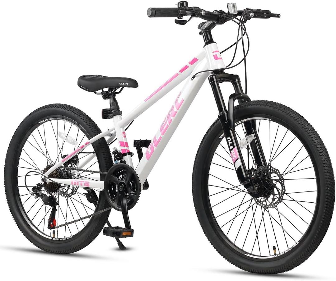 Glerc 20 24 Inch Kids Bike, Kids Mountain Bike for Boys and Girls Ages 6-14, 21-Speed Skyline Bicycle with Front Suspension and Disc Brakes, Multiple Colors (Pink)