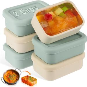 6 Packs 2 Cup Silicone Soup Freezer Molds with Lid Silicone Soup Freezer Trays Rectangle Reusable Food Preserving Tray Freezing Sauces Stews(Sage Green, Beige)