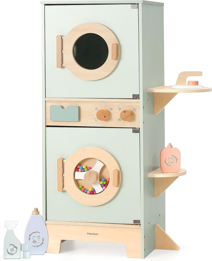 Wooden Washer-Dryer Playset for Kids  2-in-1 Laundry Center Toy, Dual-Opening Doors, Spinning Drum & Click-Knobs, Basket + Iron Accessories  Montessori Pretend Play Gift Ages 3-6