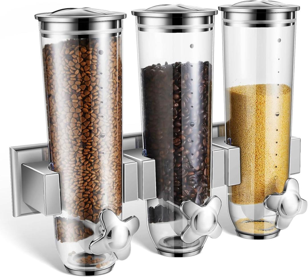 Umigy 1 Pcs Candy Dispenser Wall Mounted, Triple Dry Cereal Grain Dispenser Machine Wall Mount, Food Storage Container for Pantry Snack with 3 Cup for Kitchen, 39 oz (Silver)