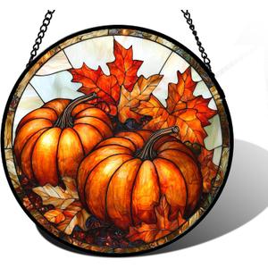 Stained Glass Window Hanging, Pumpkin Maple Leaf Suncatcher for Doors Home Sun Catchers Decoration and Christmas, Mother's Day Birthday Gifts for Women, Men, and Mom 6.3 in (Orange-red)