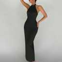 SISKIN Sexy Backless Bodycon Long Elegant Evening Dress Sexy Birthday Dresses for Women Halter Neck Pearl Dress (Black, S)