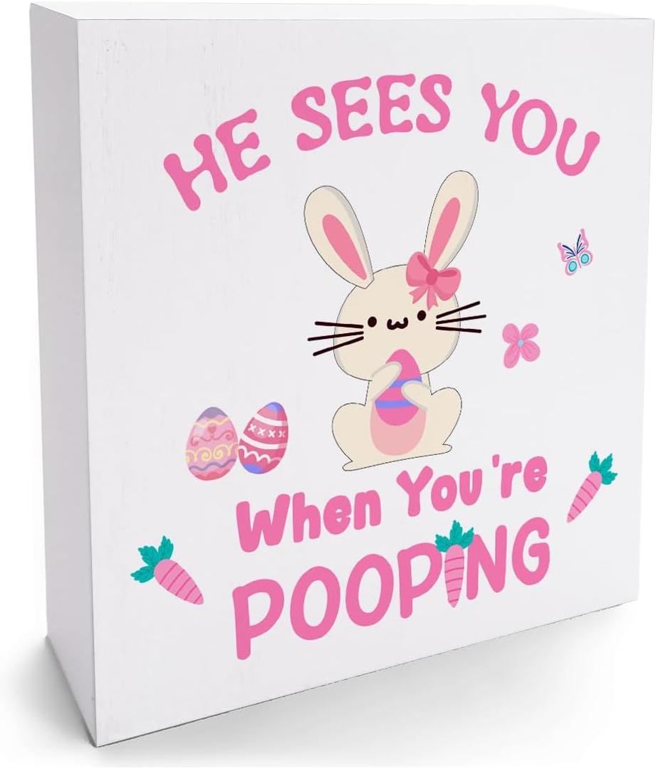 2 x Funny Easter Bunny Wooden Box Sign, "He Sees You When You're Pooping" Bathroom Decor Farmhouse Home Shelf Table Desk Decor, Wood Block Plaque Easter Decorations Gift