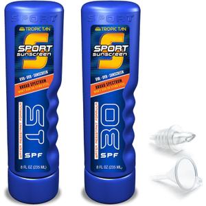 GoPong Sport Bottle Sunscreen Flask 2 Pack (16 oz Total) - Hidden Alcohol Travel Flasks - Secret Liquor Containers for Beaches, Cruises, and Sports Events Includes Funnel & Spout