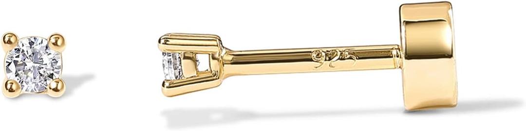 PAVOI 14K Gold Plated Solid 925 Sterling Silver Post Cubic Zirconia Stud Flat Back Earrings for Women | Cartilage Earring | Helix Piercing Jewelry | Small Stud Earrings for Women (2 Millimeters (Single))