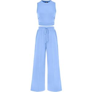 BTFBM Summer Outfits For Women 2026 Ribbed Sleeveless Tank Tops Wide Leg Pants 2 Piece Sets Lounge Set Clothing (Small, Light Blue)