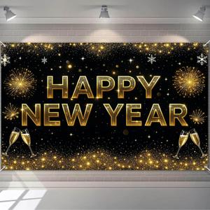 Happy Chinese New Year Backdrop 2026 Black and Gold Glitter Banner Champagne Glasses Fireworks Party Background Photography Decoration 71x43 Inches Lunar New Year Eve Celebration Supplies