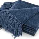 RECYCO Throw Blanket Soft Cozy Chenille Throw Blanket with Fringe Tassel for Couch Sofa Chair Bed Living Room Gift (Blue, 50'' x 60'')