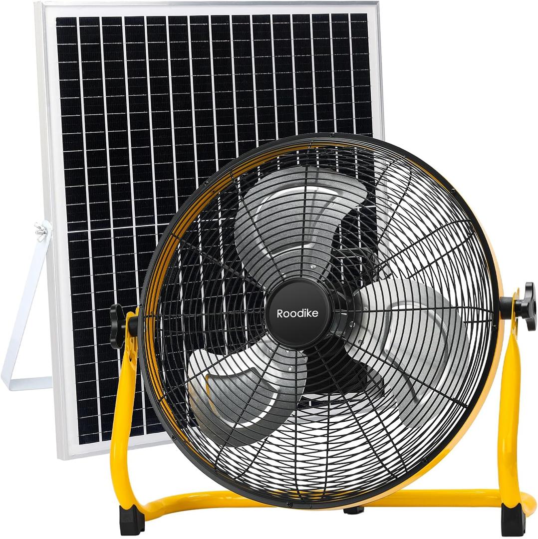 16" Solar Rechargeable Floor Fan, 35W Solar Powered Battery Operated Fans for Outdoor Garden Greenhouse Barn Stable Camping Garage Air Circulation Cooling