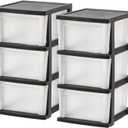 IRIS USA Plastic Drawer Storage Organizer, 3-Drawers, 2-Pack, for Classroom Art Craft Supplies, Bathroom Bedroom, Laundry Room, Black/Clear