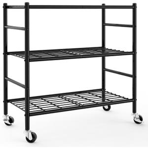 Sakugi Storage Shelves Organizer - 3 Tier Metal Shelf Organizer with Metal Wheels and Adjustable Leveling Feet, Heavy Duty Garage Shelving for Kitchen, Pantry and Closet, 33.1"x12.6"x32.5", Black