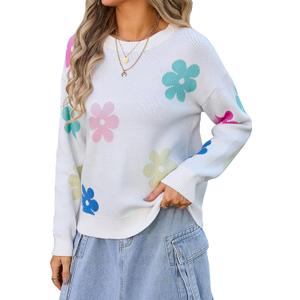 Angashion Womens Sweaters Flower Print - Crewneck Knitted Long Sleeve Sweaters Fall Winter Pullover Casual Top (L)