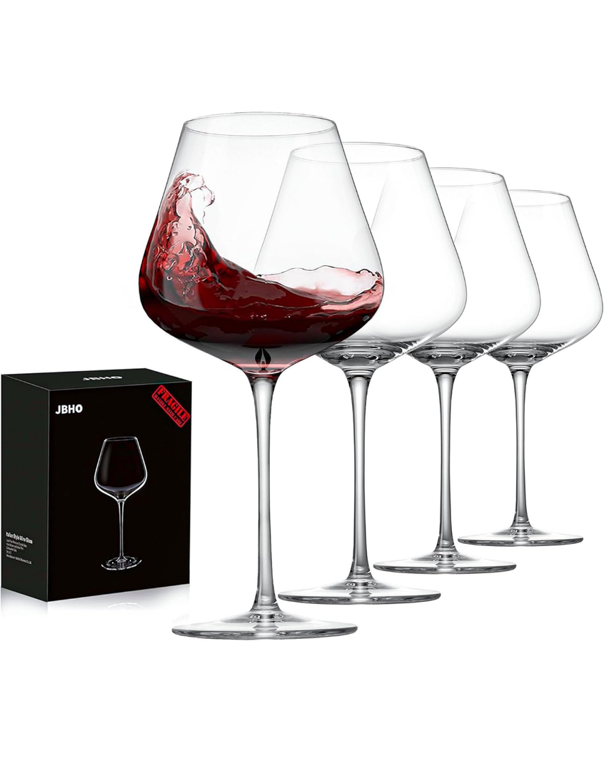 JBHO Set of 4-21 Ounce Hand Blown Italian Style Crystal Burgundy Wine Glasses - Lead-Free Premium Crystal Clear Glass - Gift-Box for any Occasion
