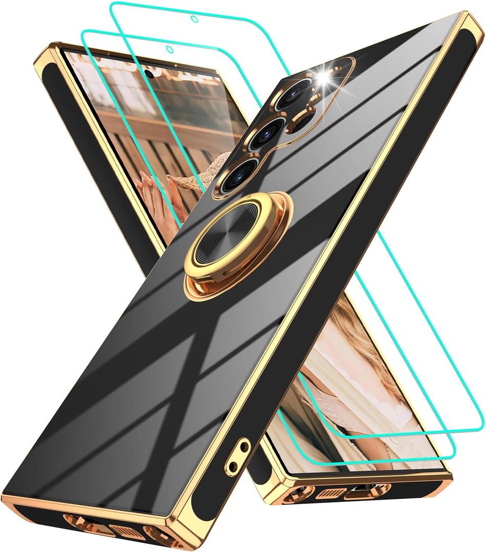 Gritup for Samsung Galaxy S23 Ultra Case: with 2Pcs Screen Protector, 360 Rotation Ring Holder Magnetic Kickstand, Plating Gold Edge Soft TPU Shockproof Protective Cover for S23 Ultra, Black