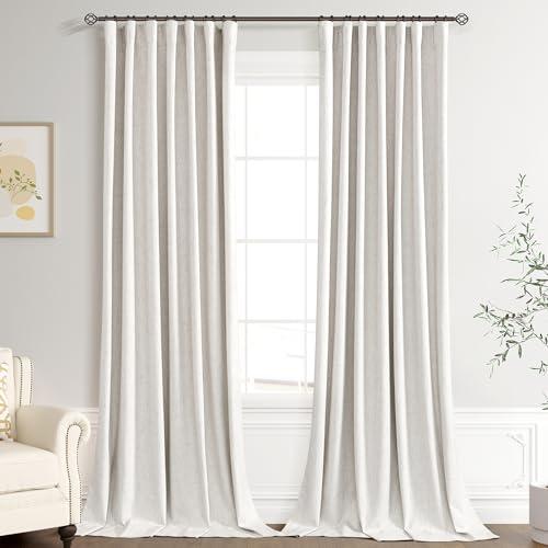 Joywell 100% Blackout Linen Curtains 102 Inch for Bedroom High Ceiling 2 Panel Set Black Out Curtain Back Tab Thermal Insulated Drapes for Living Room Large Window 52 x 102, Beige White