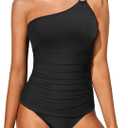 Tempt Me Two Piece Tankini Set Swimsuits for Women Tummy Control Bathing Suit One Shoulder Swimwear with Bikini Bottoms (Large, Black-o Ring)