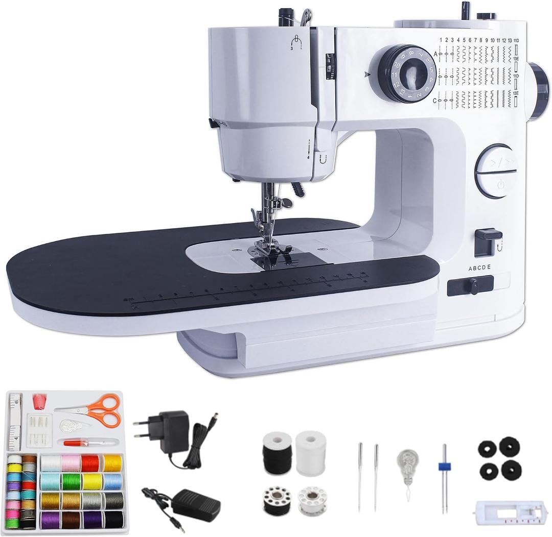 Sewing Machine with Double Needle & Extension Table, Professional Sewing Machine Full Metal Core, 39 Stitches 5 Speeds, 6 Layer Fabric Sewing Machine for Beginners and Advanced, 42PCS Kit