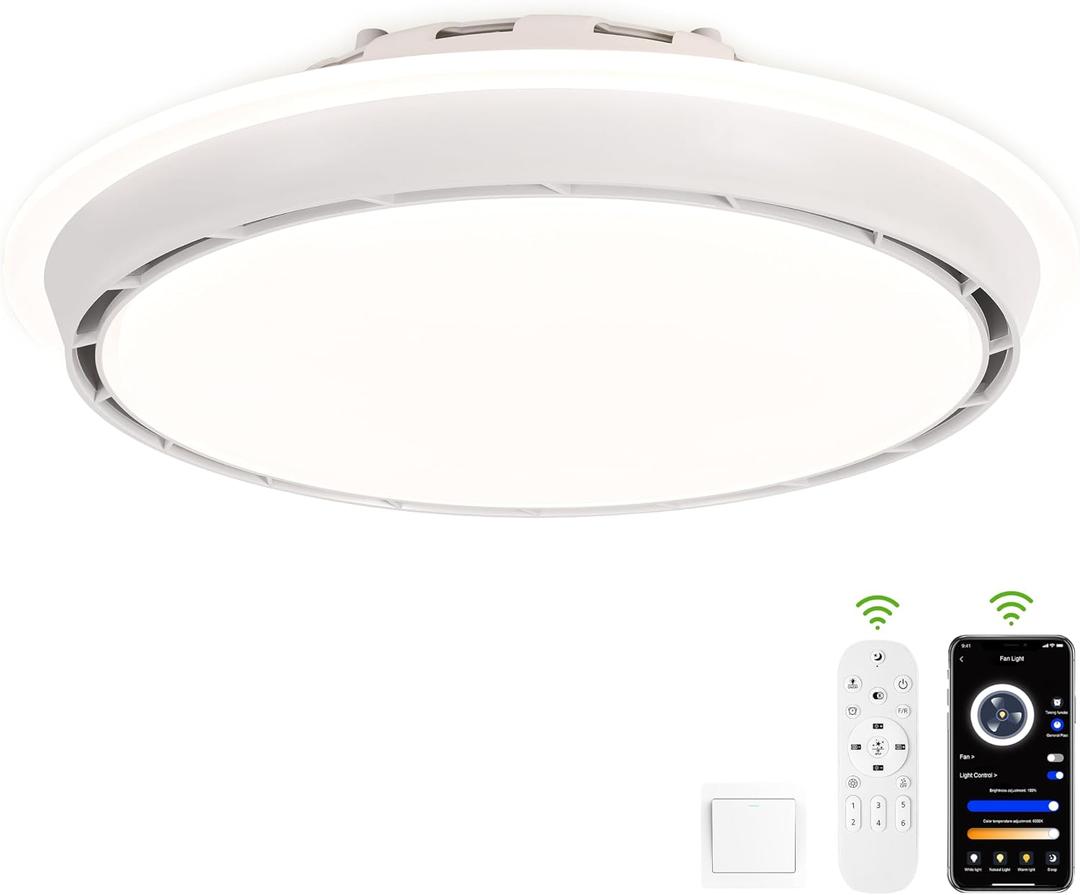 Bodkar 20 Inch Bladeless Ceiling Fan with Light | Low Profile Flush Mount Ceiling Fan with APP & Remote Control, Dimmable LED Fan Light for Bedroom (white)