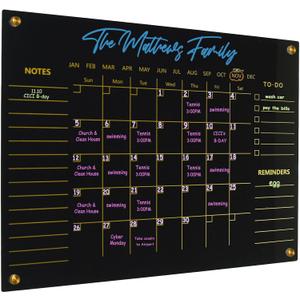Black Acrylic Calendar Dry Erase for Wall, Family Planner, Monthly Calendar Dry Erase Whiteboard for Home, Office, 17" x 13"Reusable White Board(Acrylic-BK-3343)