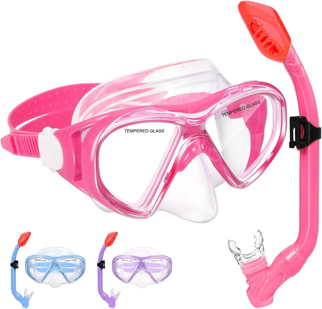 Kids Snorkel Set Dry Top Snorkeling Gear for Kids Youth Boys Girls Junior Age 5-15,Tempered Glass Swimming Diving Mask and Snorkel Set 180 Degree Panoramic View (Light Pink)