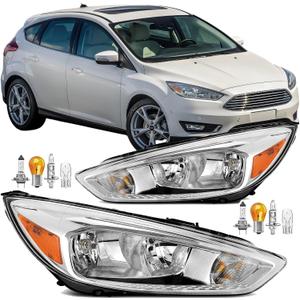2PCS Headlight Assembly Set With Bulbs For 2015 2016 2017 2018 Ford Focus S SE ST SEL Titanium Replacement Focus MK3 Facelift Halogen Pair Headlamps Chrome Housing Amber Reflector FO2502339 FO2503339