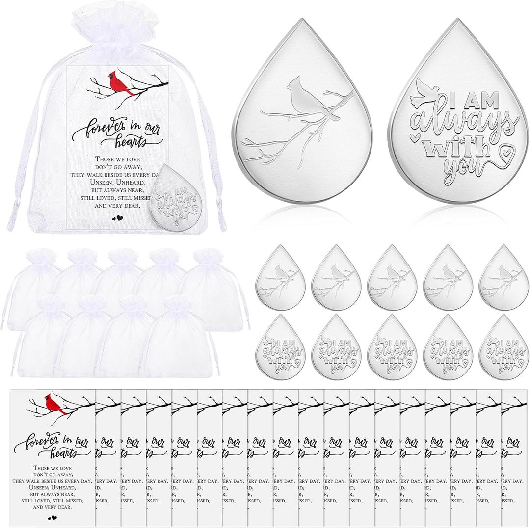 Ctosree 100 Set Funeral Gifts Celebration of Life Decorations Idea Mini Tear Shaped Memorial Ornament Pocket Token Cardinal Funeral Prayer Cards and Organza Bags Favors for Guests