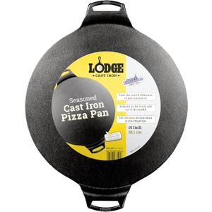 Lodge Seasoned Cast Iron Pizza Pan - Pre-Seasoned, Round Pizza Pan with Dual Assist Handles - Even Heat Distribution- PFAS-Free, Non-Toxic Cookware - Oven Safe - 15 Inch