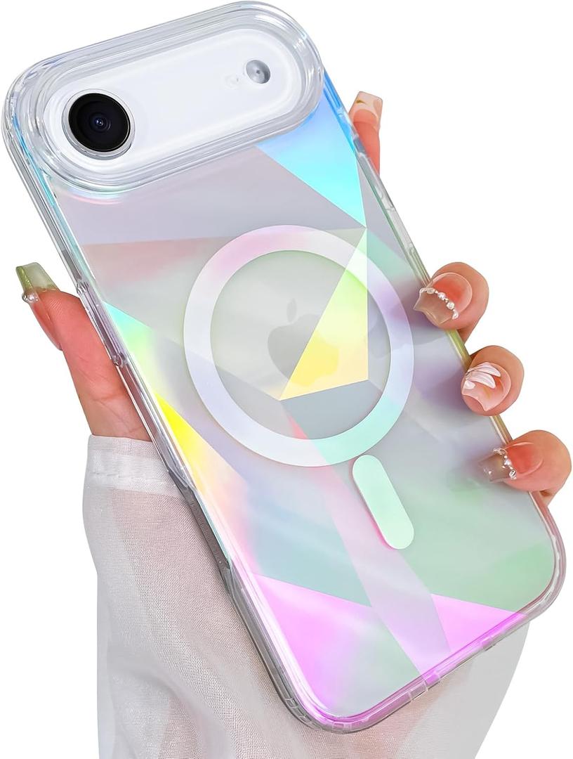Cute Case for iPhone Air Case for Women Girls [ Compatible with Magsafe ] Clear Glitter Girly Aesthetic Rainbow Sparkly Bling Magnetic Phone Cover, Iridescent Geometry
