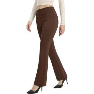 Women's High Waist Dress Pants Stretchy Pull On Work Trouser Business Casual Office Slack 4 Pockets Bootcut Flare Leg (Brown, XL)