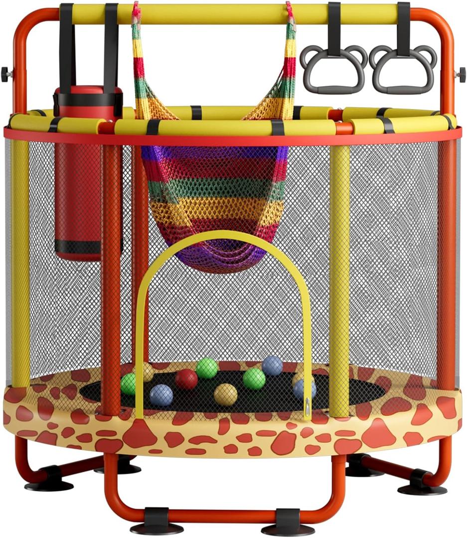 ZCMHAXJ 55" Trampoline for Kids with Enclosure, 440lbs Capacity Indoor & Outdoor Toddler Trampoline with Adjustable Gymnastics Bar & Toys, for Boys & Girls (Giraffe)