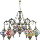 Fiunkes 6+1 Globes Turkish Moroccan Mosaic Chandelier Handmade Pendant Light Fixture Decorative Bohemian Hanging Ceiling Lamp for Living Room, Bedroom, Cafe, Bar, W31″H36″