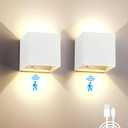 Battery Operated Wall Sconces Set of 2, 12W Motion Sensor Light Indoor, 6000mAh Wall Lights Rechargeable, 3 Colors Adjustable, LED Wall Lamp for Living Room Bedroom Hallway Decor, White