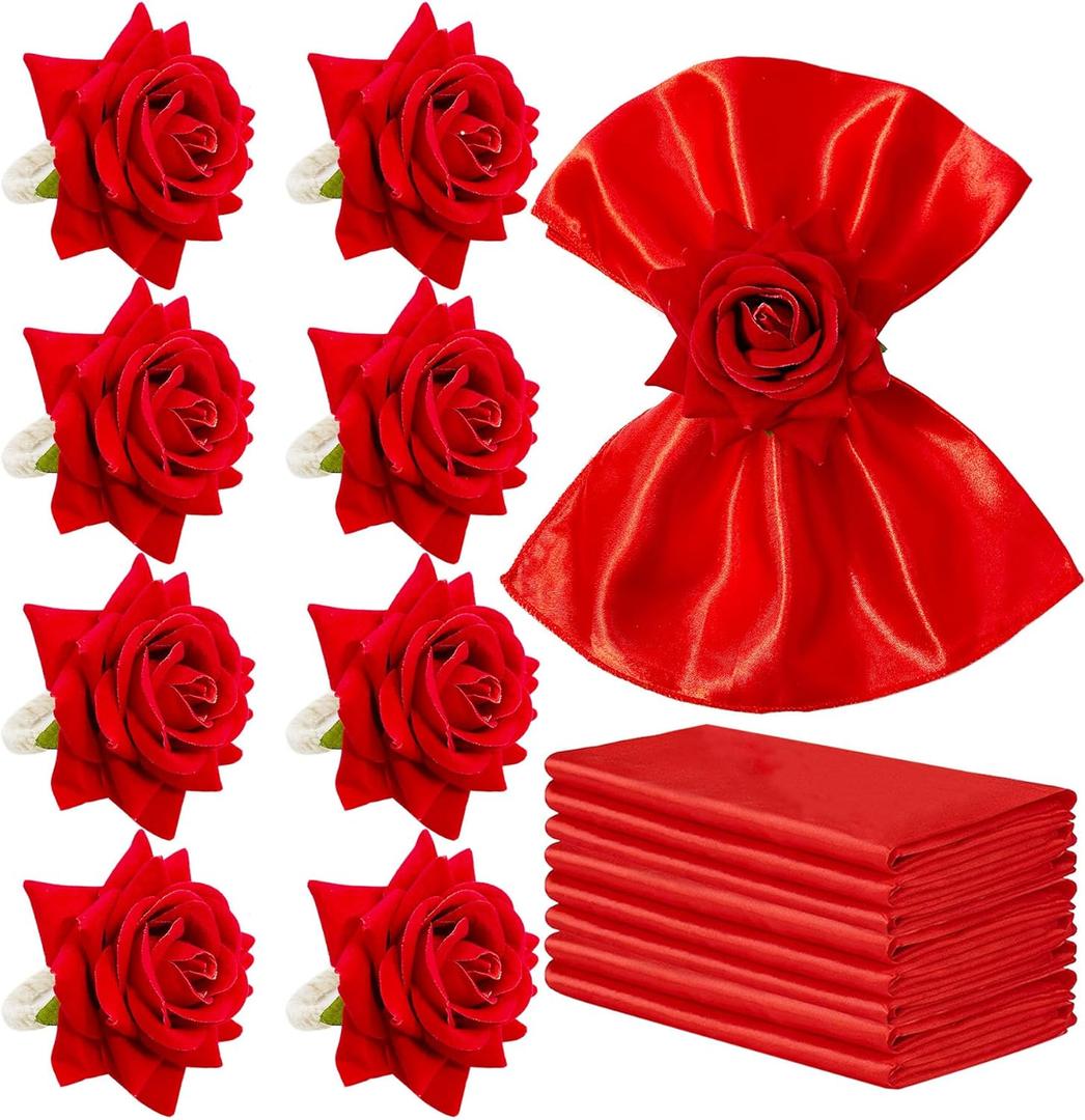 16 PCS Valentine's Day Napkins and Rings Set 8 PCS Red Cloth Napkins & 8 PCS Artificial Rose Napkin Rings Wedding Napkin Ring Holders Romantic Table Decor for Valentine's Day Anniversary Dinner Party