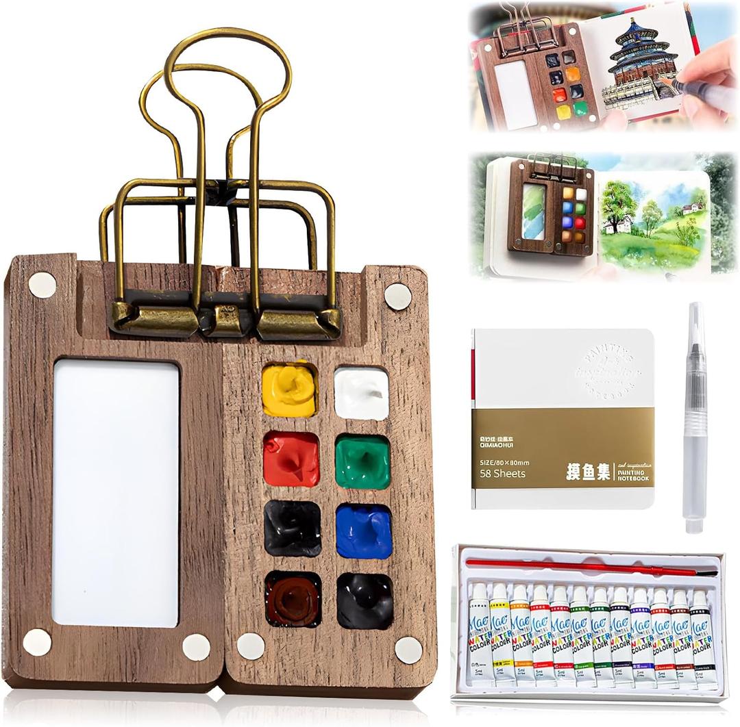 Mini Paint Palette Travel Kit - Mini Travel Watercolor Palette Set, Pocket Artist Water Color Travel Set, Pocket artist Drawing Board Paint Palette Travel Kit with Brush (Walnut-8 Grids)
