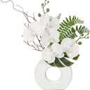 Briful Orchid Artificial Flowers 16.1'' White Orchid Silk Flowers with Ceramic Vase Faux Orchid Arrangement for Home Office Table Centerpiece Indoor Decoration