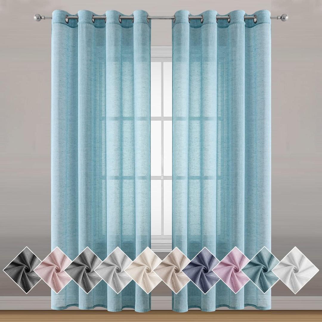 Miss SELETEX Natural Linen Sheer Curtains for Living Room Elegant Solid Window Drapes Grommet Top Light Filtering Curtains Window Voile Linen Textured Panels for Bedroom 2 Panels 52Wx63L Turquoise