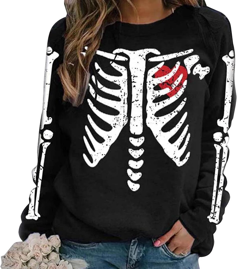 Skeleton Print Sweatshirts for Women Long Sleeve Top Lightweight Pullovers Black, XL 