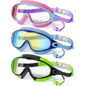 CMBJJU 3 Pack Swimming Goggles, Kid Goggles with Earplugs Large Frame Anti-Fog/UV Wide View Swim Goggles Boys Girls 6-14 (3PACK-Purple+Colorful Blue+Green-SG09)