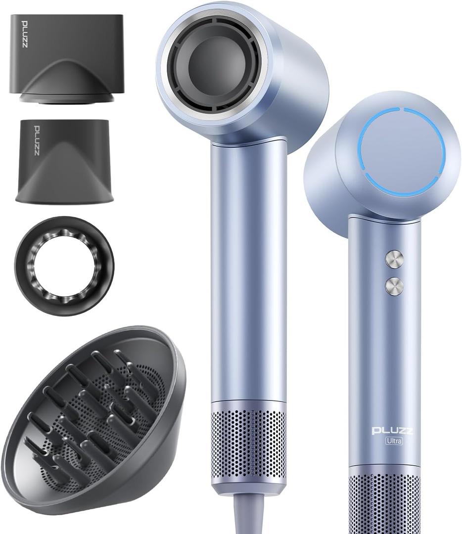 PLUZZ Professional Hair Dryer with Diffuser for Curly Hair, 400M Negative Ionic Blow Dryer for Fast Drying, 120,000 RPM High-Speed Brushless Motor, Low Noise Lightweight, Travel-Friendly (Silver Blue)