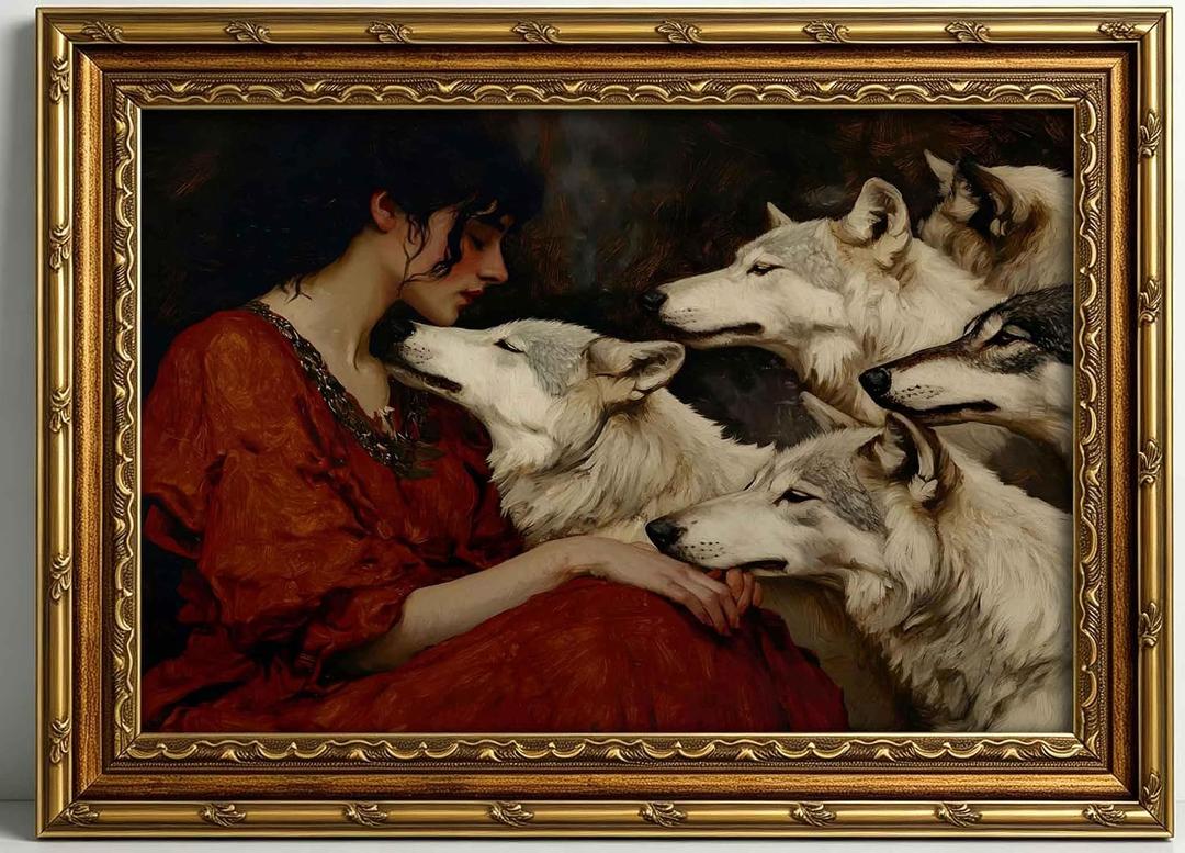 Large Framed Women and Wolves Dark Romantic Girl Wolf Canvas Wall Art, 36"L x 24"W